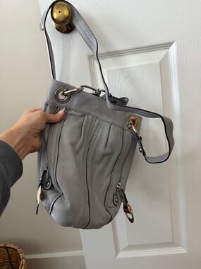 b. makowsky Gray Leather Shoulder Bag with Silver Hardware